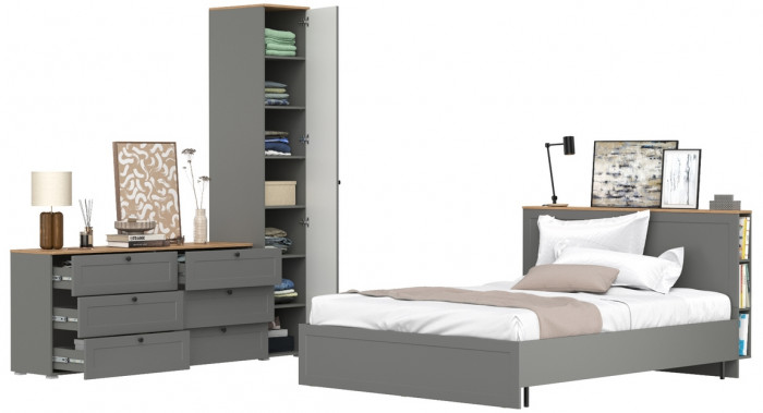 Остин 11.53 Кровать + ортопед + 13.225 Шкаф-пенал + 16.240 Комод, серый графит/дуб крафт золотой