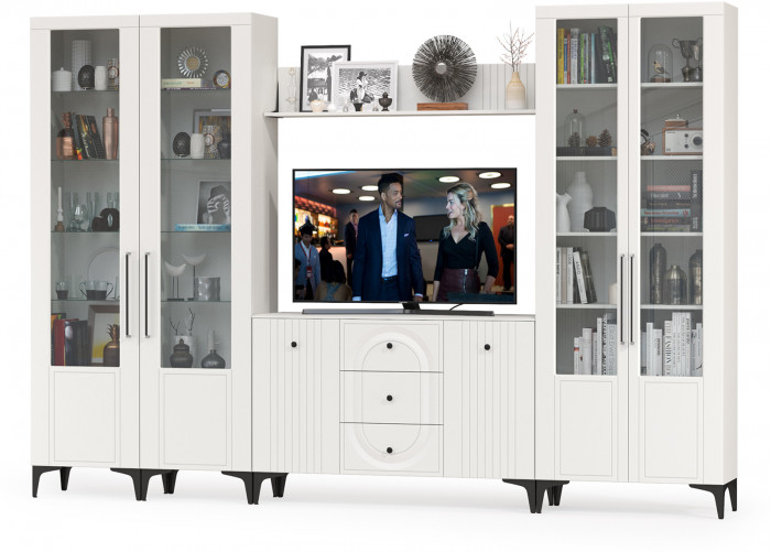 Валенсия Гостиная № 104, цвет ЛДСП белый шагрень/МДФ белый шагрень, ШхГхВ 327,3х38,4х225,2 см., ниша для ТВ 133х38х100 см., универсальная сборка