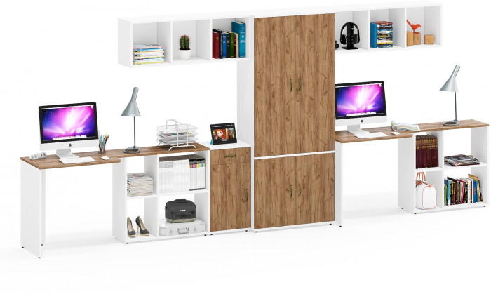 Лидер-8 Стол + Полка + Стол + Полка + Шкаф МД 20Б + Тумба МД 3.15, белый шагрень/крафт золото