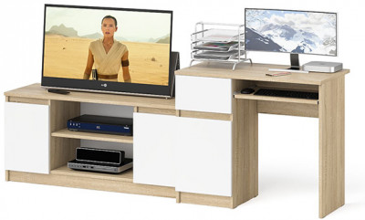 Мори компьютерный стол МС-1 левый + Тумба МТВ1200.1, дуб сонома/белый
