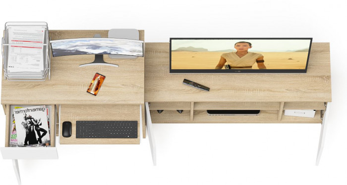 Мори компьютерный стол МС-1 левый + Тумба МТВ1200.1, дуб сонома/белый