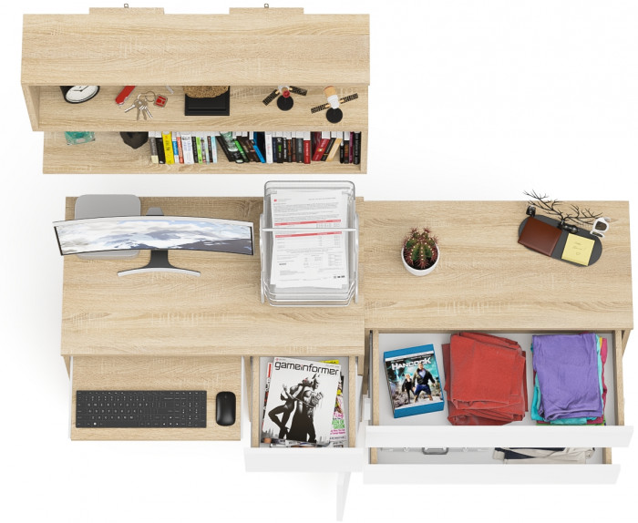 Мори Стол компьютерный МС-1 правый + Комод МК800.1 + Полка 900, цвет дуб сонома/белый, ШхГхВ 170,4х50х209,6 см., НЕ универсальная сборка