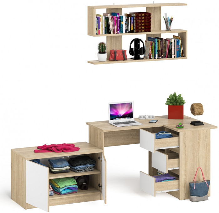 Мори Стол компьютерный МС-16 правый + Тумба МА900.1 + Полка 1200, цвет дуб сонома/белый, ШхГхВ 214,8х84,9х209,6 см., НЕ универс. сборка