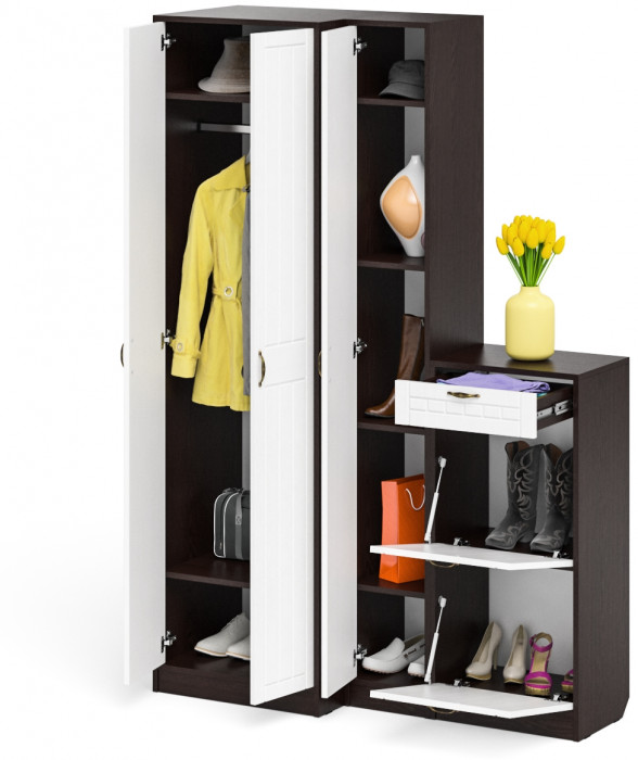 Прихожая П-6 Компоновка № 28, цвет венге/фасады МДФ белое дерево фрезеровка прованс, ШхГхВ 140х50х210 см., универсальная сборка