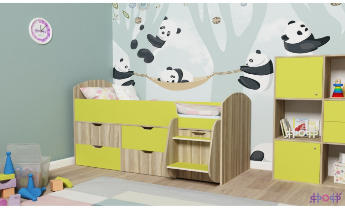 Кровать-чердак Малыш 7 (Белое дерево/Лайм)