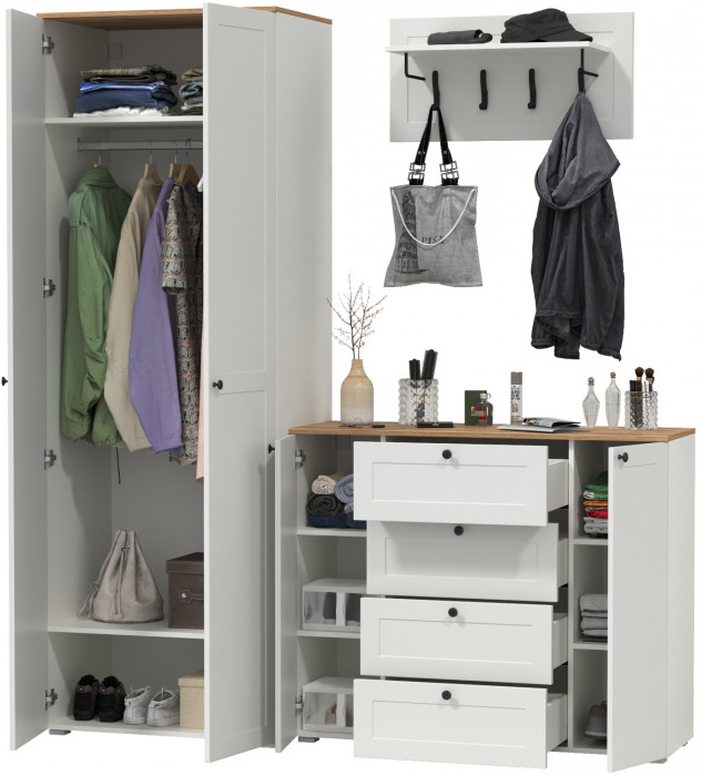 Остин Прихожая 15, цвет белый шагрень/дуб крафт золотой, ШхГхВ 200х54,3х229,6 см., универсальная сборка