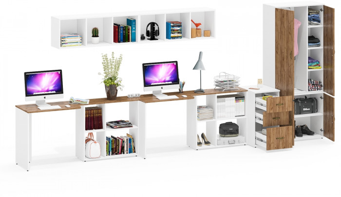 Лидер-8 Стол + Полка + Стол + Полка + Шкаф МД 20Б + Тумба МД 3.16, белый шагрень/крафт золото