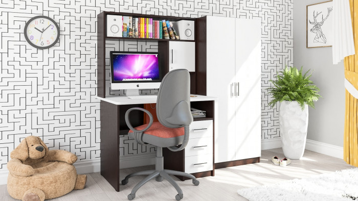 Стол компьютерный С-МД-СК9+Шкаф С-МД-СК9Ш, цвет венге/белый шагрень, ШхГхВ 172х70х160 см., НЕ универсальная сборка