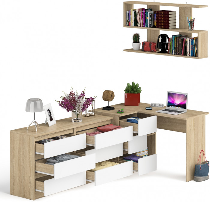 Мори компьютерный стол МС-16 левый + Комод МК1380.6 + Полка 1200, дуб сонома/белый
