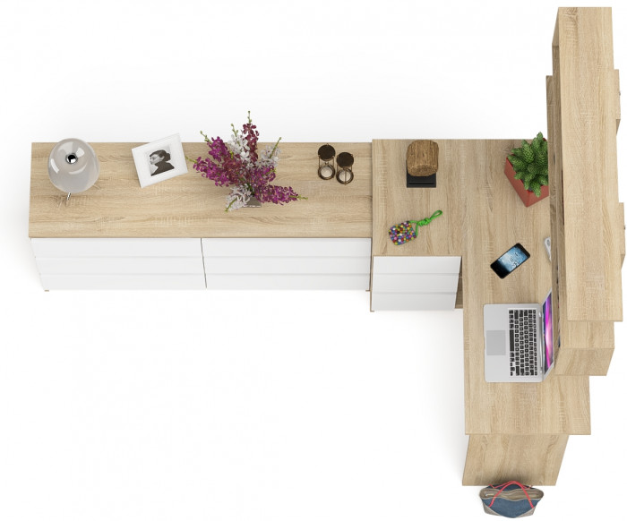 Мори компьютерный стол МС-16 левый + Комод МК1380.6 + Полка 1200, дуб сонома/белый