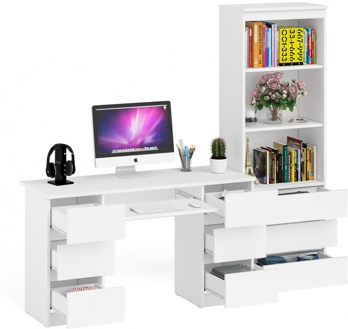 Мори компьютерный стол МС-2 + Стеллаж МСТ600.3, белый