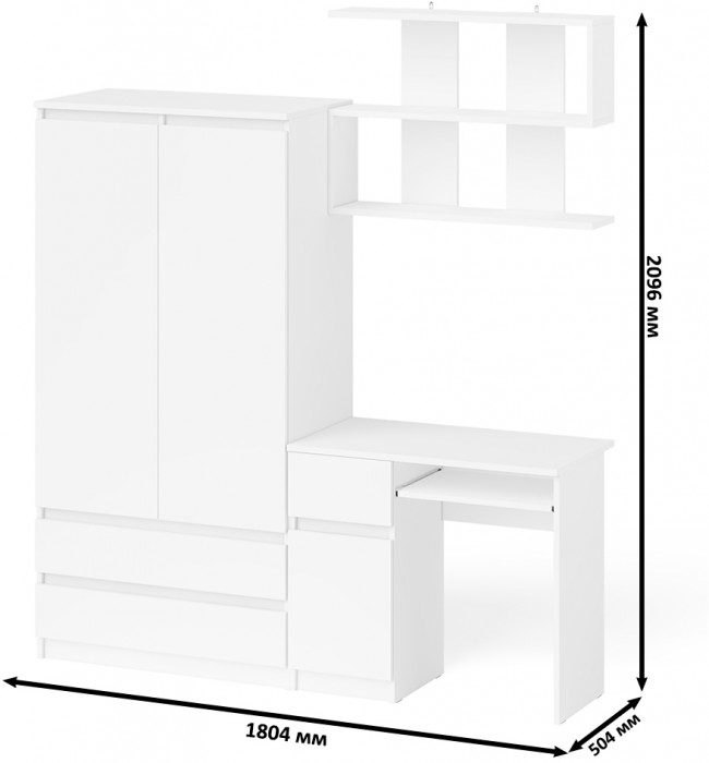 Мори Стол компьютерный МС-1 левый + Шкаф МШ900.1 + Полка 900, цвет белый, ШхГхВ 180,4х50,4х209,6 см., НЕ универсальная сборка