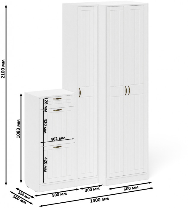 Прихожая П-6 Компоновка № 28, белая шагрень/фасады МДФ белое дерево фрезеровка прованс