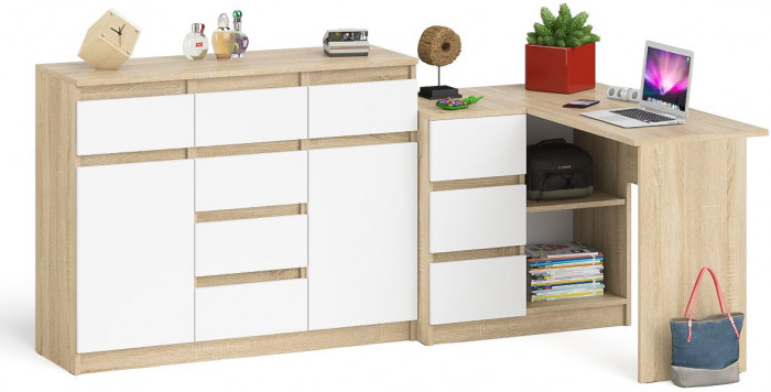 Мори компьютерный стол МС-16 левый + Комод МК1200.4, дуб сонома/белый