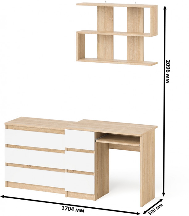 Мори компьютерный стол МС-6 левый + Комод МК800.1 + Полка 900, дуб сонома/белый