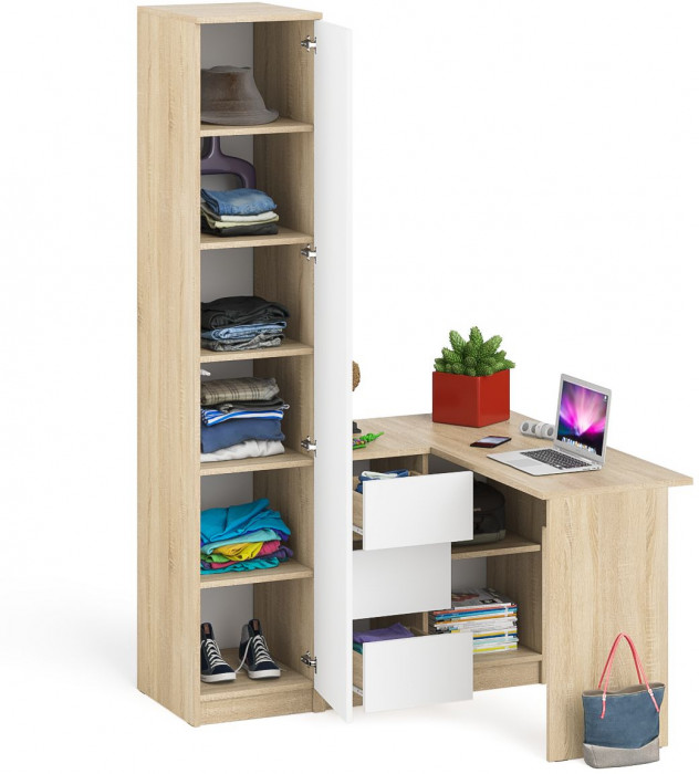 Мори Стол компьютерный МС-16 левый + Пенал МШ400.1, цвет дуб сонома/белый, ШхГхВ 164,8х84,9х209,6 см., выдвижные ящики слева, НЕ универсальная сборка