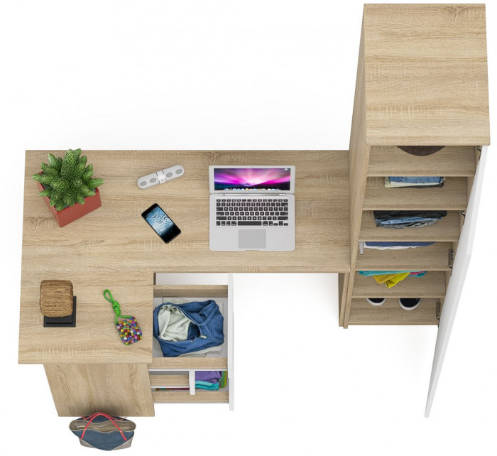 Мори Стол компьютерный МС-16 левый + Пенал МШ400.1, цвет дуб сонома/белый, ШхГхВ 164,8х84,9х209,6 см., выдвижные ящики слева, НЕ универсальная сборка