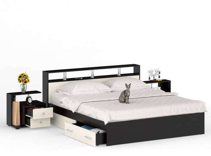 Камелия Кровать с ящиками 1800 + две тумбы, венге/дуб лоредо