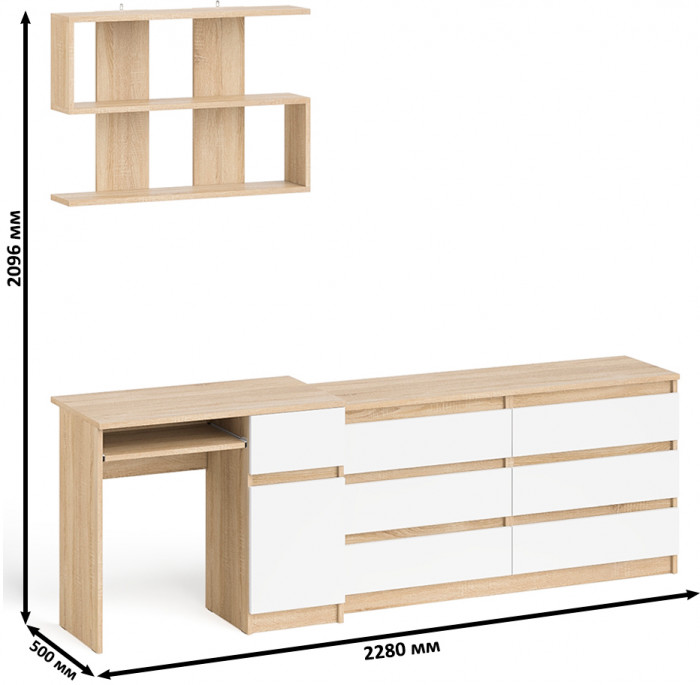 Мори компьютерный стол МС-1 правый + Комод МК1380.6 + Полка 900, дуб сонома/белый