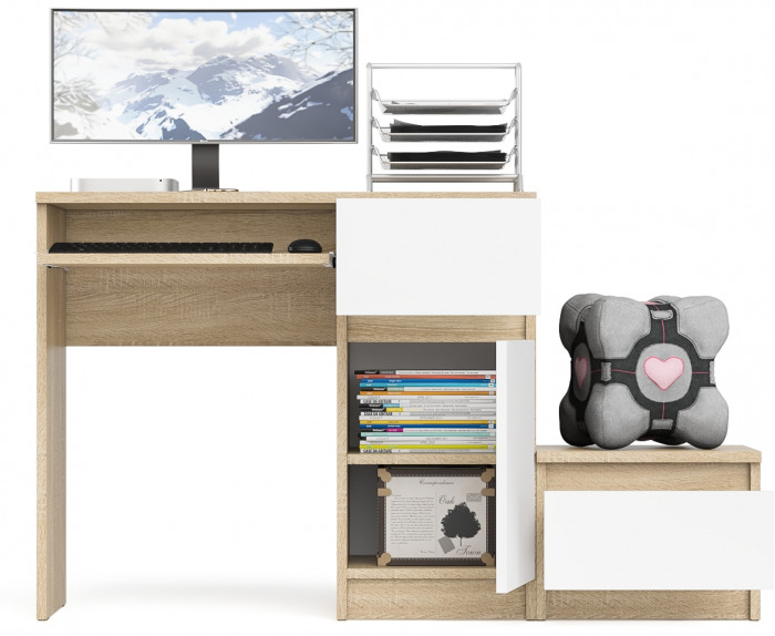Мори компьютерный стол МС-1 правый + Тумба ТМП400.1, дуб сонома/белый