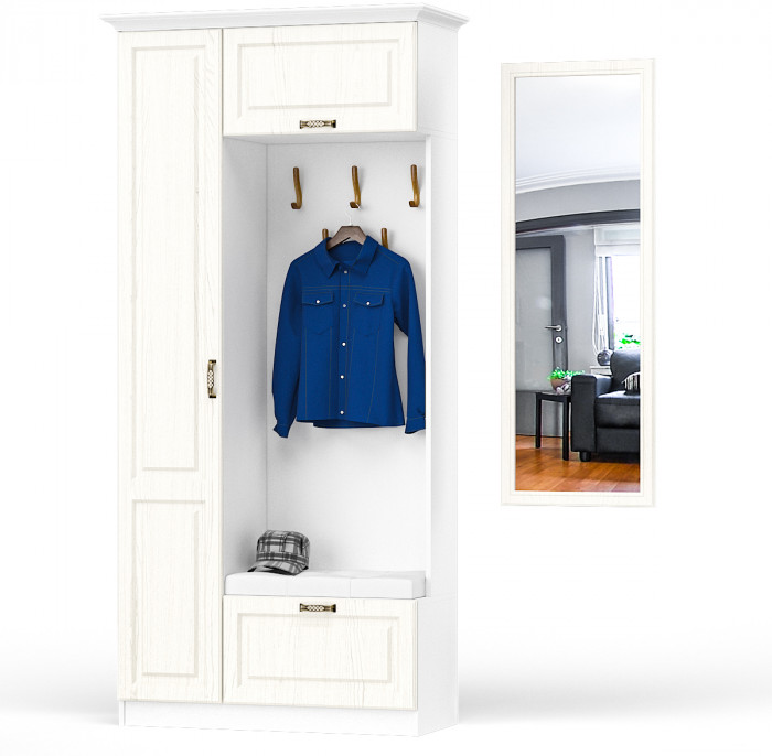 Ливерпуль Шкаф многоцелевого назначения 13.21 + карниз + Зеркало 03.242, цвет ясень ваниль/белый, ШхГхВ 108,2х43,5х223,5 + 50х2х140 см., ун. сборка