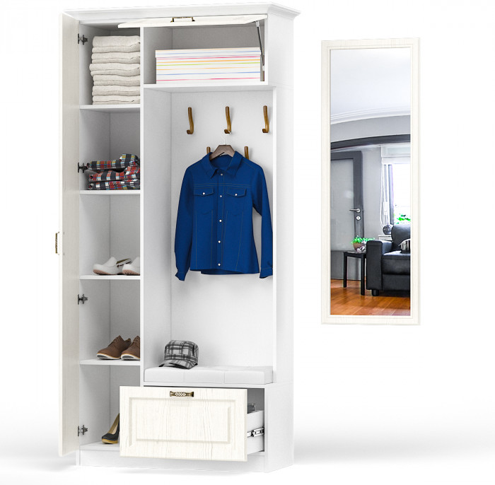 Ливерпуль Шкаф многоцелевого назначения 13.21 + карниз + Зеркало 03.242, цвет ясень ваниль/белый, ШхГхВ 108,2х43,5х223,5 + 50х2х140 см., ун. сборка