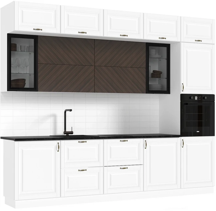 Кухня Престиж 3,0м Компановка №2 Белый/Браш Вайт/Прайм орех