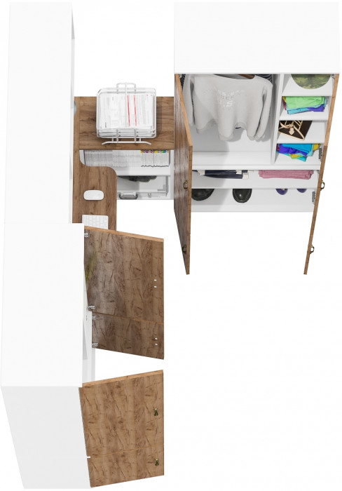 Лидер-8 Стол + Полка + Шкаф МД 20Б + Шкаф МД 20Б, белый шагрень/крафт золото