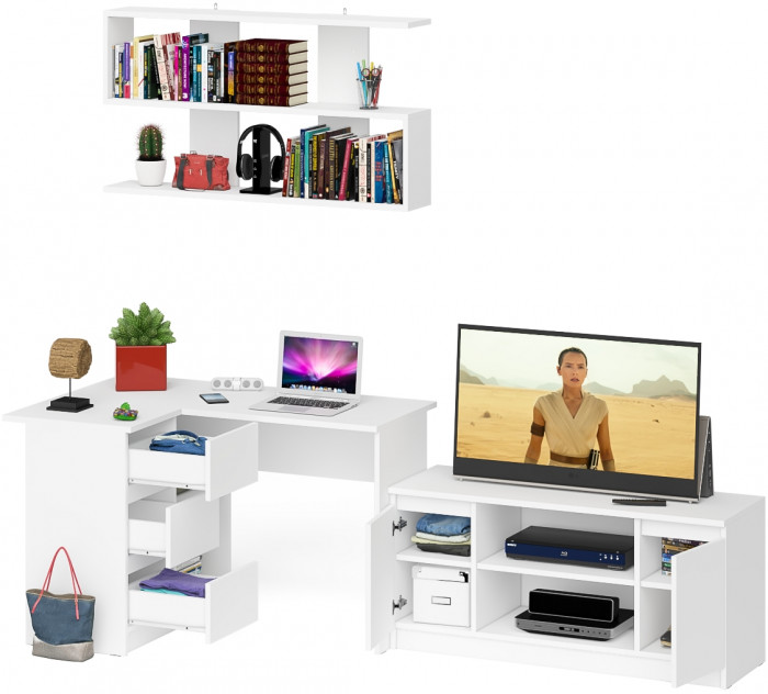 Мори компьютерный стол МС-16 левый + Тумба МТВ1200.1 + Полка 1200, белый