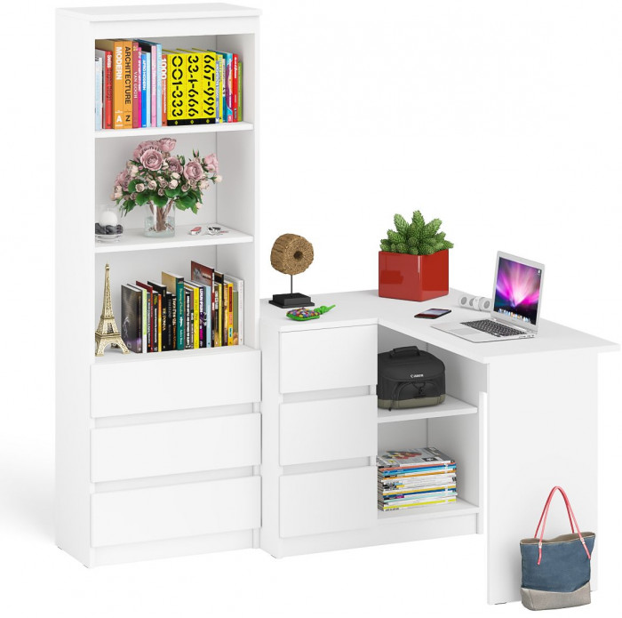 Мори Стол компьютерный МС-16 левый + Стеллаж МСТ600.3, цвет белый, ШхГхВ 184,8х84,9х179,6 см., выдвижные ящики слева, НЕ универсальная сборка