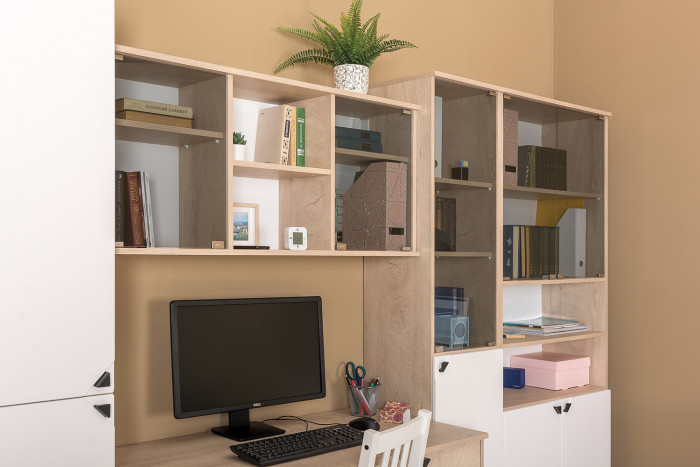 КР100 Бостон № 33, цвет дуб эндгрейн элегантный/фасады МДФ милк рикамо софт, 13.154+12.69+10.51+13.155+13.156, ШхГхВ 269,2х57,2х194,4 см., ун. сборка