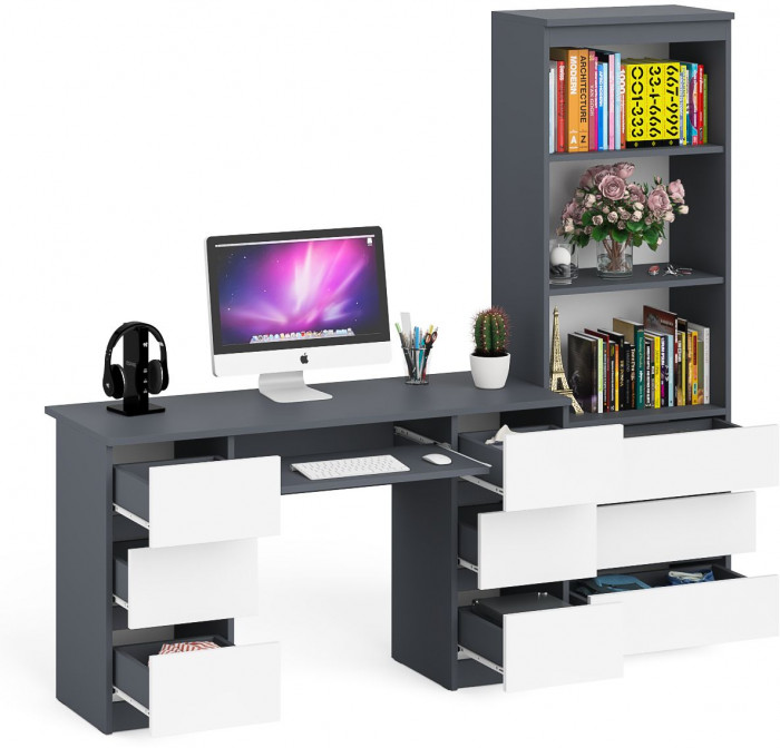 Мори компьютерный стол МС-2 + Стеллаж МСТ600.3, графит/белый