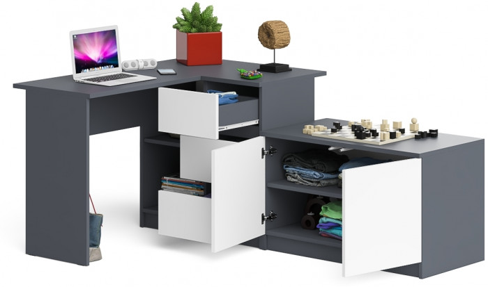 Мори Стол компьютерный МС-16 правый + Тумба МА900.1, цвет графит/белый, ШхГхВ 214,8х84,9х76,6 см., выдвижные ящики справа, НЕ универсальная сборка