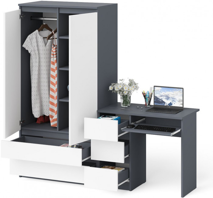 Мори Стол компьютерный МС-6 левый + Шкаф МШ900.1, цвет графит/белый, ШхГхВ 180,4х50,4х179,6 см., выдвижные ящики слева, НЕ универсальная сборка