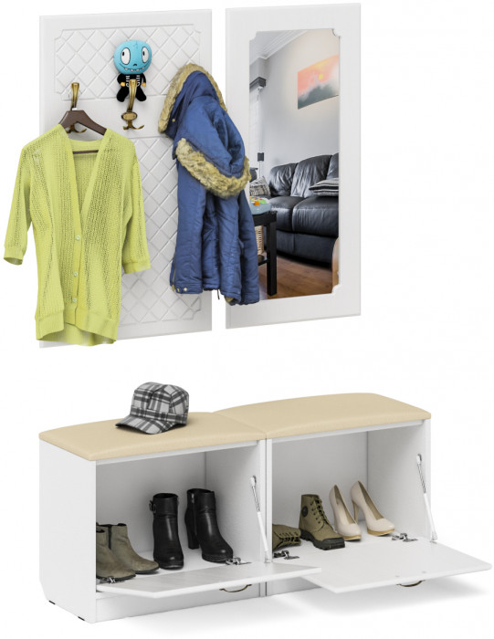 Прихожая П-6 Компоновка № 02, белая шагрень/фасады МДФ белое дерево фрезеровка ромб