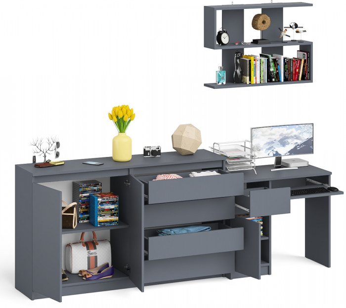 Мори компьютерный стол МС-1 левый + Комод МК1600.1 + Полка 900, графит