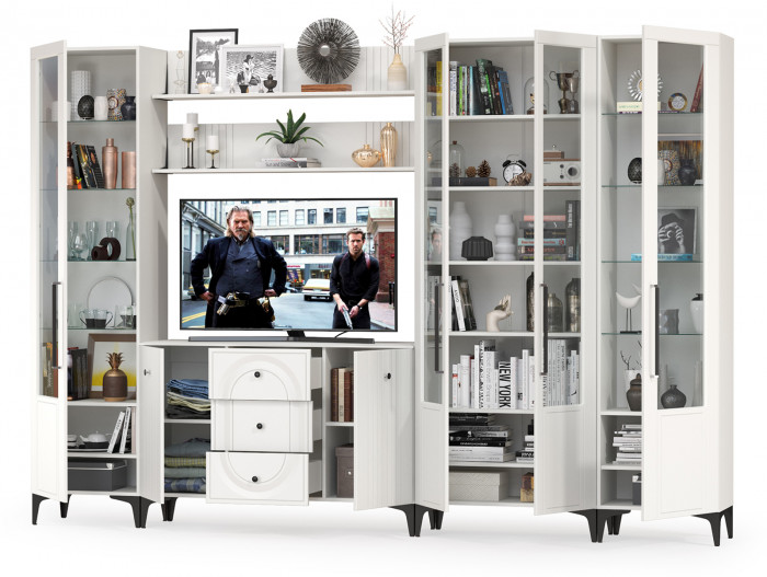 Валенсия Гостиная № 108, цвет ЛДСП белый шагрень/МДФ белый шагрень, ШхГхВ 327,3х38,4х225,2 см., ниша для ТВ 133х38х90 см., универсальная сборка