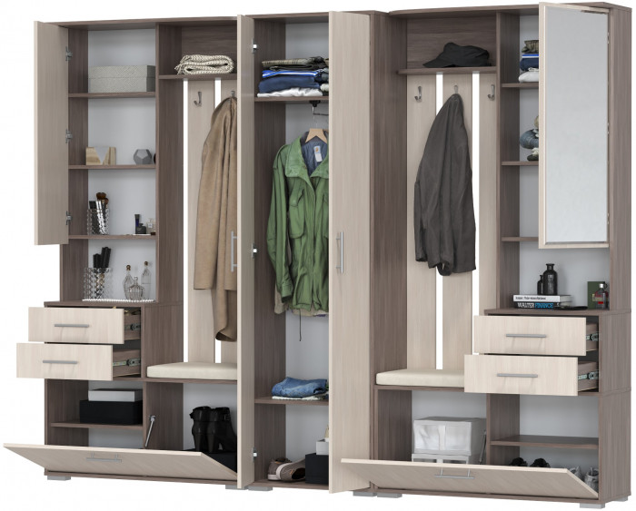 Прихожая Домино 3, цвет бодега тёмный/бодега светлый, ШхГхВ 260х36х202 см., универсальная сборка