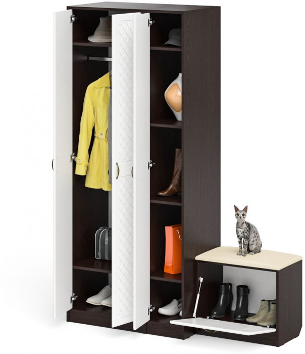 Прихожая П-6 Компоновка № 45, цвет венге/фасады МДФ белое дерево фрезеровка ромб, ШхГхВ 150х50х210 см., универсальная сборка