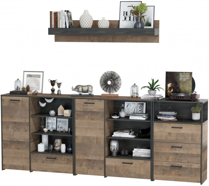 Трувор Гостиная 005, цвет дуб гранж песочный/интра, ШхГхВ 284х37х195 см., универсальная сборка