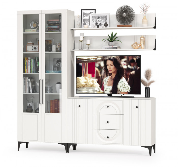 Валенсия Гостиная № 097, цвет ЛДСП белый шагрень/МДФ белый шагрень, ШхГхВ 217,3х38,4х225,2 см., универсальная сборка