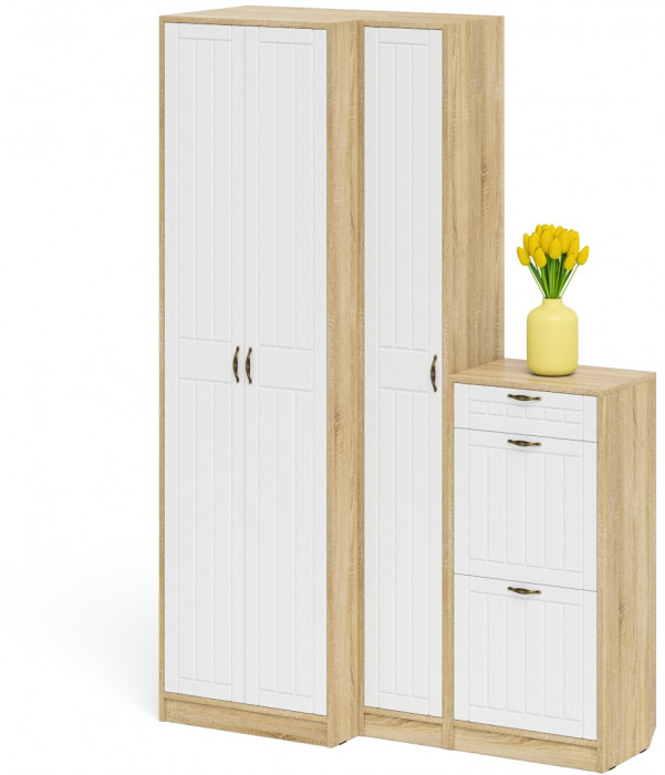 Прихожая П-6 Компоновка № 28, дуб сонома/фасады МДФ белое дерево фрезеровка прованс