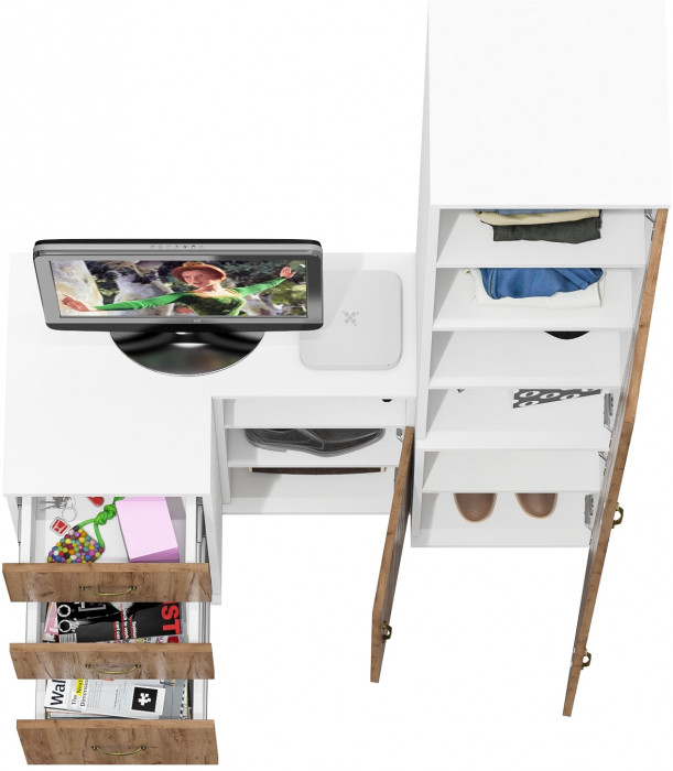 Лидер-8 Пенал МД 22Б + Тумба МД 3.16 + Тумба МД 3.19, белый шагрень/крафт золото