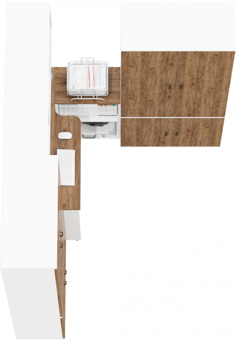 Лидер-8 Стол + Полка + Шкаф МД 20Б + Шкаф МД 20Б, цвет белый шагрень/крафт золото, ШхГхВ 325х50/37,5х75/190 или 115х240/50х75/190 см., НЕ ун. сборка
