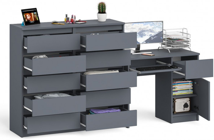 Мори Стол компьютерный МС-1 правый + Комод МК1200.10, цвет графит, ШхГхВ 210,4х50х115 см., выдвижной ящик справа, НЕ универсальная сборка