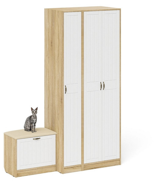 Прихожая П-6 Компоновка № 45, цвет дуб сонома/фасады МДФ белое дерево фрезеровка прованс, ШхГхВ 150х50х210 см., универсальная сборка