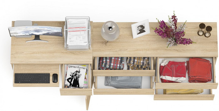 Мори компьютерный стол МС-1 правый + Комод МК1380.6, дуб сонома