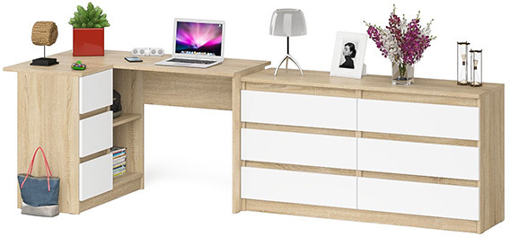 Мори компьютерный стол МС-16 левый + Комод МК1380.6, дуб сонома/белый