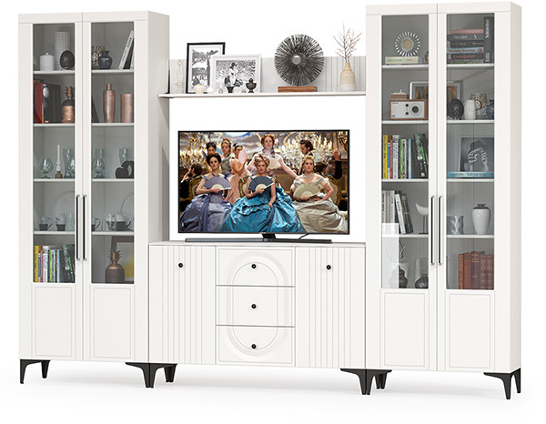 Валенсия Гостиная № 102, цвет ЛДСП белый шагрень/МДФ белый шагрень, ШхГхВ 301,4х38,4х225,2 см., ниша для ТВ 133х38х100 см.