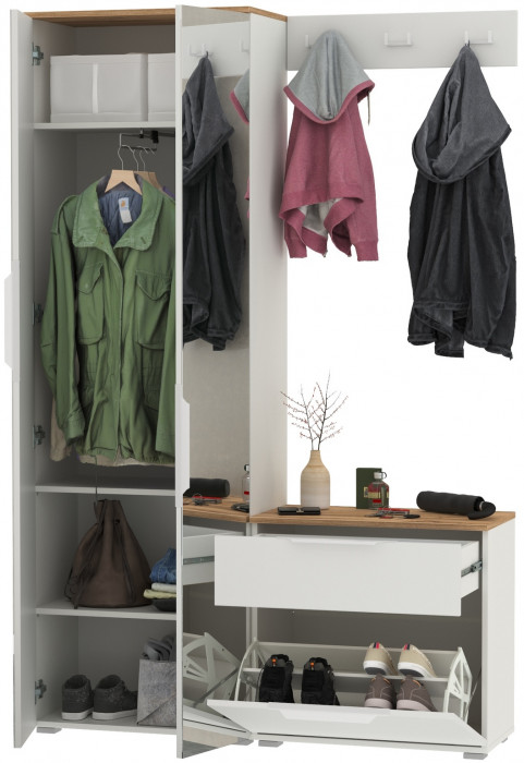 Октава Прихожая 11, белый шагрень/дуб крафт золотой/фасады МДФ белый шагрень